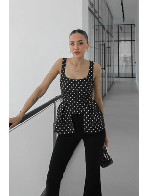 Havoş Kahverengi Peplum Detaylı Puantiyeli Bluz