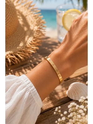 Adata Jewelry Kartier Çelik Kelepçe Bileklik Gold Renk 4,5 cm