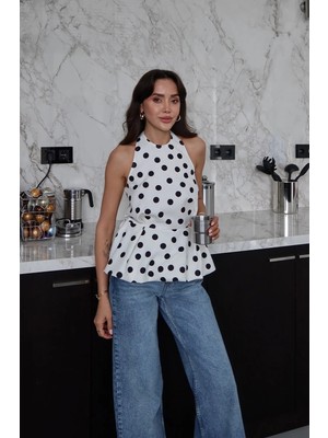 Havoş Beyaz Lelia Puantiye Desenli Peplum Bluz