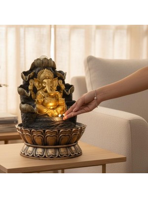 Keyfim Shop Dekoratif Büyük Ganesha Figürlü LED Işıklı Masaüstü Su Şelalesi Feng Shui Ev Ofis Dekoru 40 cm