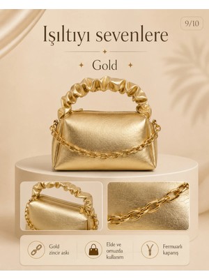 Sargınlar Kadın Büzgülü Saplı Gold Zincir Askılı Fermuarlı Mini El ve Omuz Çantası