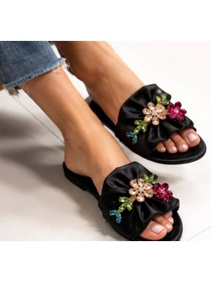 N Napa Shoe NP.8777.SİYAH Abiye  Kadın Taş Işlemeli Saten Fiyonklu Terlik – Siyah | Günlük & Özel Davet Şıklığı