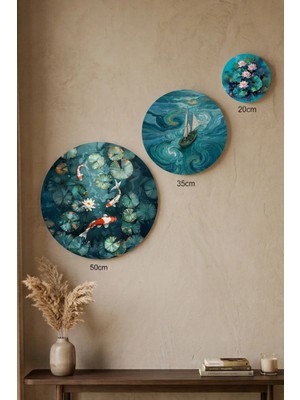 Visdora 3'lü Yuvarlak Kanvas Tablo Seti - 50CM 35CM 20CM Modern Duvar Dekoru Koi Balığı Yelkenli ve Lotus Temalı - Canvas Tablo