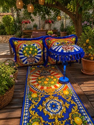 Missidea Limona Blue Bohem Ledli  Bali Şemsiyesi Seti (Led\'li Şemsiye + 2 Adet Kırlent + Runner)