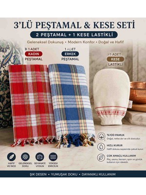 Öztürk Konsept 3'lü Hamam Seti 2 Adet Peştamal (Kadın & Erkek) + 1 Adet Lastikli Kese %100 Pamuk Hamam Sauna Spa Plaj Banyo Seti