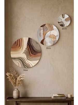 Visdora 3'lü Yuvarlak Kanvas Tablo Seti - 50CM 35CM 20CM Modern Salon Ofis Duvar Dekoru Kabartma Efektli Dokulu Bej Kahve Temalı - Canvas Tablo