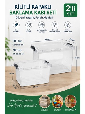 Akyüz Plastik 📦 2'li Kilitli Kapaklı Saklama Kabı Seti 15L + 10L | Bpa Içermez Şeffaf Düzenleyici, Organizer Kutu