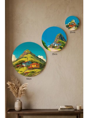 Visdora 3'lü Yuvarlak Kanvas Tablo Seti - 50CM 35CM 20CM Ev Ofis Duvar Dekoru Manzara ve Dağ Evi Temalı - Canvas Tablo