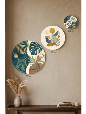 Visdora 3'lü Yuvarlak Kanvas Tablo Seti - 50CM 35CM 20CM Modern Salon Duvar Dekoru Boho Yaprak ve Geometrik Altın Detaylı Temalı - Canvas Tablo