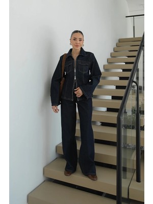 Havoş Koyu Lacivert Önü Fermuarlı Ceket Pantolon Denim Takım