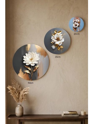 Visdora 3'lü Yuvarlak Kanvas Tablo Seti - 50CM 35CM 20CM Modern Ev Ofis Salon Duvar Dekoru 3D Efektli Altın Yapraklı Beyaz Çiçek Temalı - Canvas Tablo