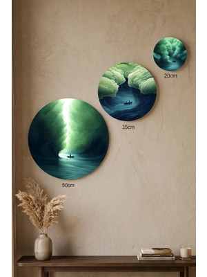 Visdora 3'lü Yuvarlak Kanvas Tablo Seti - 50CM 35CM 20CM Modern Ev Ofis Duvar Dekoru Yeşil Mistik Dalgalar ve Sandal Temalı - Canvas Tablo