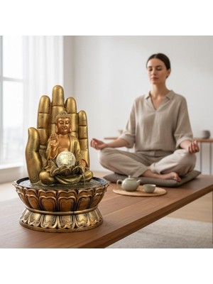 Hediyesahibi Dekoratif Büyük Boy Buda El Figürlü Masaüstü Şelale LED Işıklı Zen Su Çeşmesi Meditasyon Dekoru 40CM
