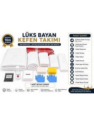 Öztürk Konsept Lüks Bayan Kefen Takımı 10 Metre Tam Set – Sade Beyaz Baş Örtüsü, Beyaz Çarşaflı, Kırmızı Peştemalli Islami Defin Seti