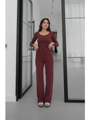 Havoş Mürdüm Maxey Geniş Yaka Bluz Pantolon Takım