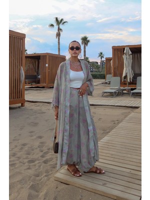 Havoş Yeşil Çiçek Desenli Kimono Pantolon Şifon Takım