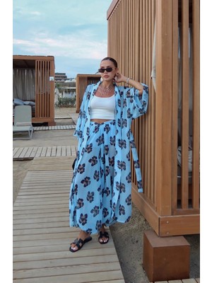 Havoş Mavi Çiçek Desenli Kimono Pantolon Şifon Takım