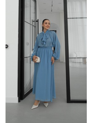 Havoş Mavi Krinkıl Kumaş Etek Bluz Takım