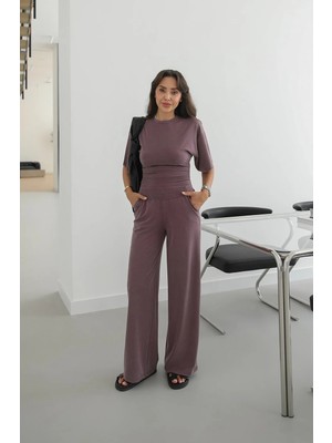 Havoş Mürdüm Swanky Yanları Büzgülü Bluz Pantolon Takım
