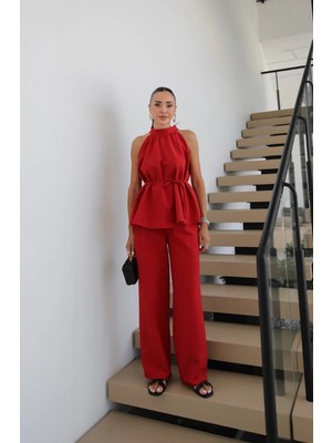 Havoş Kırmızı Veral Bluz Pantolon Keten Takım
