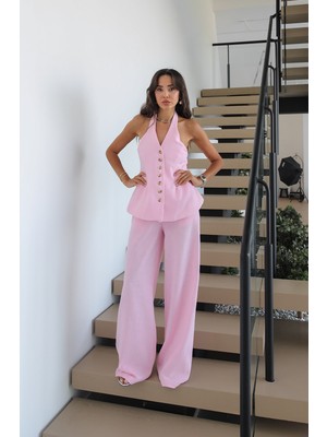 Havoş Pembe Riven Yelek Pantolon Keten Takım