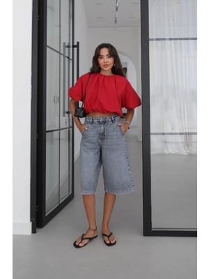 Havoş Mavi Yanları Cepli Kapri Denim Şort