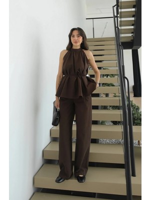 Havoş Kahverengi Veral Bluz Pantolon Keten Takım