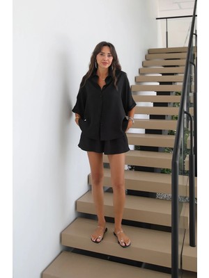 Havoş Siyah Rona Oversize Gömlek Şort Takım