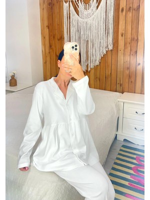By Gamze Arman Beyaz Renk Iç Göstermez Pamuk Kumaş Hamile Lohusa Pijama Takımı