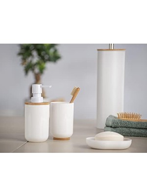 Seraç Posa Sabunluk, Sıvı Sabun, Losyon Veya Deterjan Için Doldurulabilir Pompalı Dağıtıcı, Sürdürülebilir Bambu Desenli Beyaz Plastik, (G x Y x D): 7 x 16,5 x 8 Cm, Kapasite Yaklaşık 330 ml