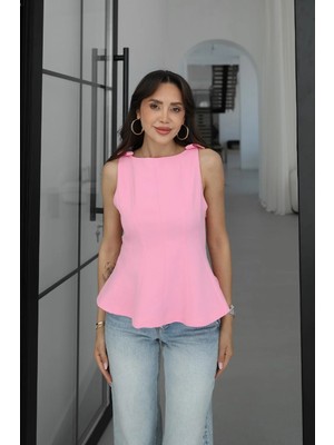 Havoş Pembe Askıları Fiyonklu Volanlı Bluz