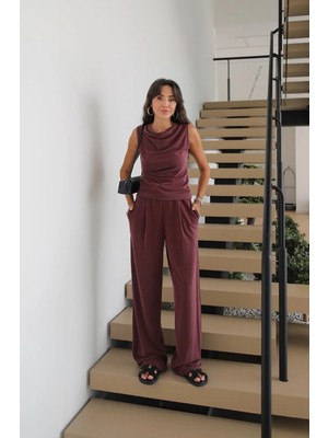 Havoş Mürdüm Ön Drapeli Bluz Pantolon Takım