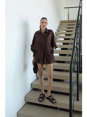 Havoş Kahverengi Rona Oversize Gömlek Şort Takım
