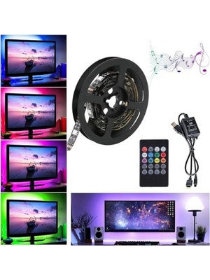 Aesco 5V USB Rgb Şerit LED - 100CM, Kumandalı ve Ses Sensörlü