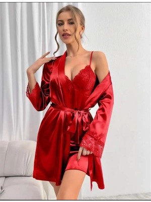 Nevamel® Dantel Işlemeli Ince Askılı Kırmızı Saten 2'li Gecelik Sabahlık Takımı