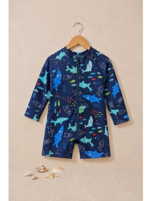 Zuzunga Erkek Bebek Shark Splash Uzun Kollu Fermuarlı Tulum Mayo
