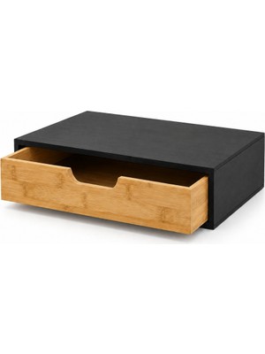 Meturas Bambu Duvar Rafı Çekmeceli, Siyah-Natural Minimalist Yüzer Raf / Komodin Rafı, 40X24X8 cm