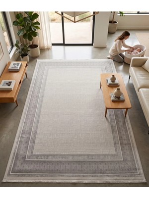 Merinos Vista Gri Çerçeveli %100 Akrilik Yumuşak Dokulu Salon Oturma Odası Halısı 79319-95