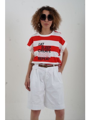 Zelish My Sister Kırmızı Çizgili Eat Sleap Baskılı Oversize Tshirt