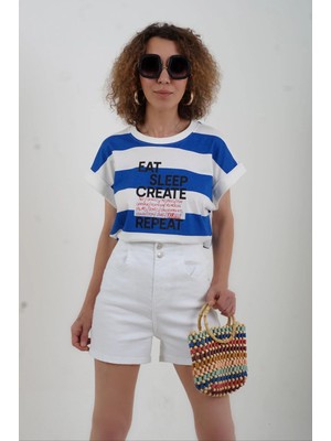 Zelish My Sister Mavi Çizgili Eat Sleap Baskılı Oversize Tshirt