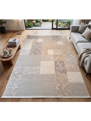 Merinos Vista Krem Kahve Renk %100 Akrilik Geometrik Desen Yumuşak Dokulu Salon Oturma Odası Halısı 76596-957
