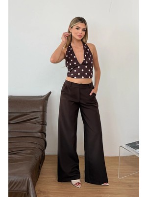 Jee Lee Kadın Arkası lastikli Çift Cepli Bol Paça Pantolon Kahverengi - 5174