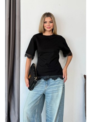 Jee Lee Kadın Bisiklet Yaka Eteği Dantel Detaylı T-Shirt Siyah - 26Y 26988