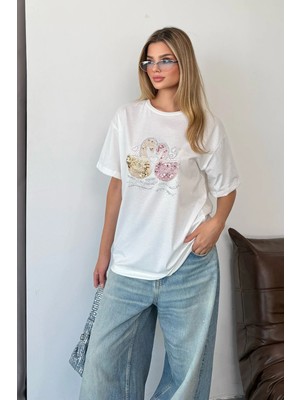 Giysa Kadın Taşlı Pullu Kuğu Desenli T-Shirt Beyaz - 26Y 5076