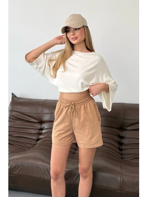 Giysa Kadın Beli Ayarlanabilir Çift Cepli Basic Şort Bej - 10038