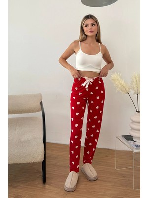 Giysa Kadın Beli Lastikli Kalp Desenli Pijama Altı Kırmızı - 26Y 4522