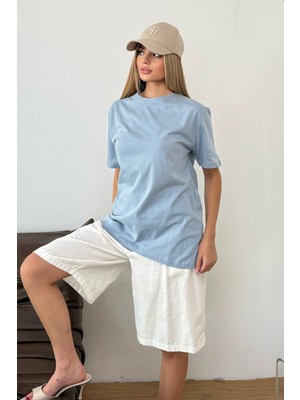 Giysa Kadın Bisiklet Yaka Basic T-Shirt Mavi - 23507