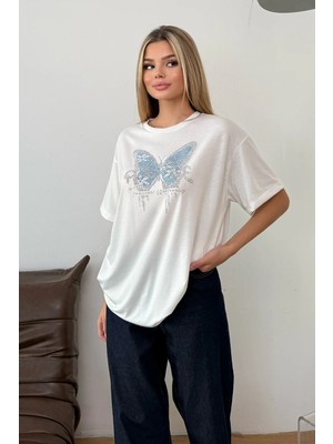 Giysa Kadın Kelebek Nakışlı Taş Detaylı T-Shirt Beyaz - 26Y 5109