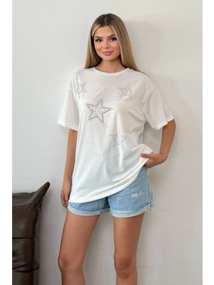 Giysa Kadın Taşlı Yıldız desenli T-Shirt Beyaz - 26Y 5199