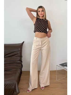 Jee Lee Kadın Arkası lastikli Çift Cepli Bol Paça Pantolon Bej - 5174